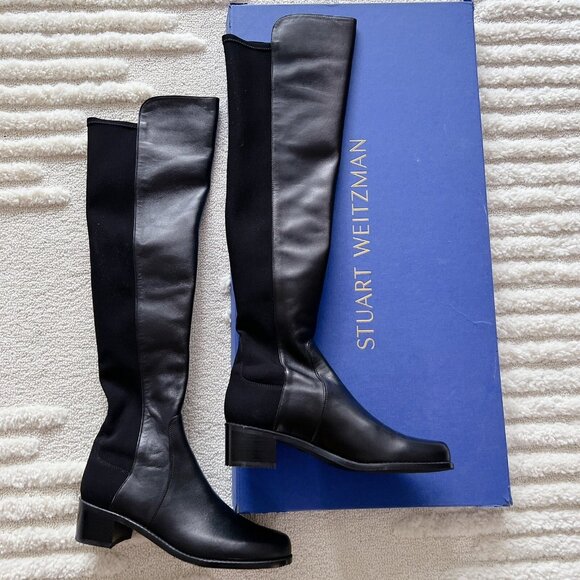 Stuart Weitzman City 5050 Heel Over The Knee OTK Black Leather Boots US 7 SPAIN - Picture 3 of 13